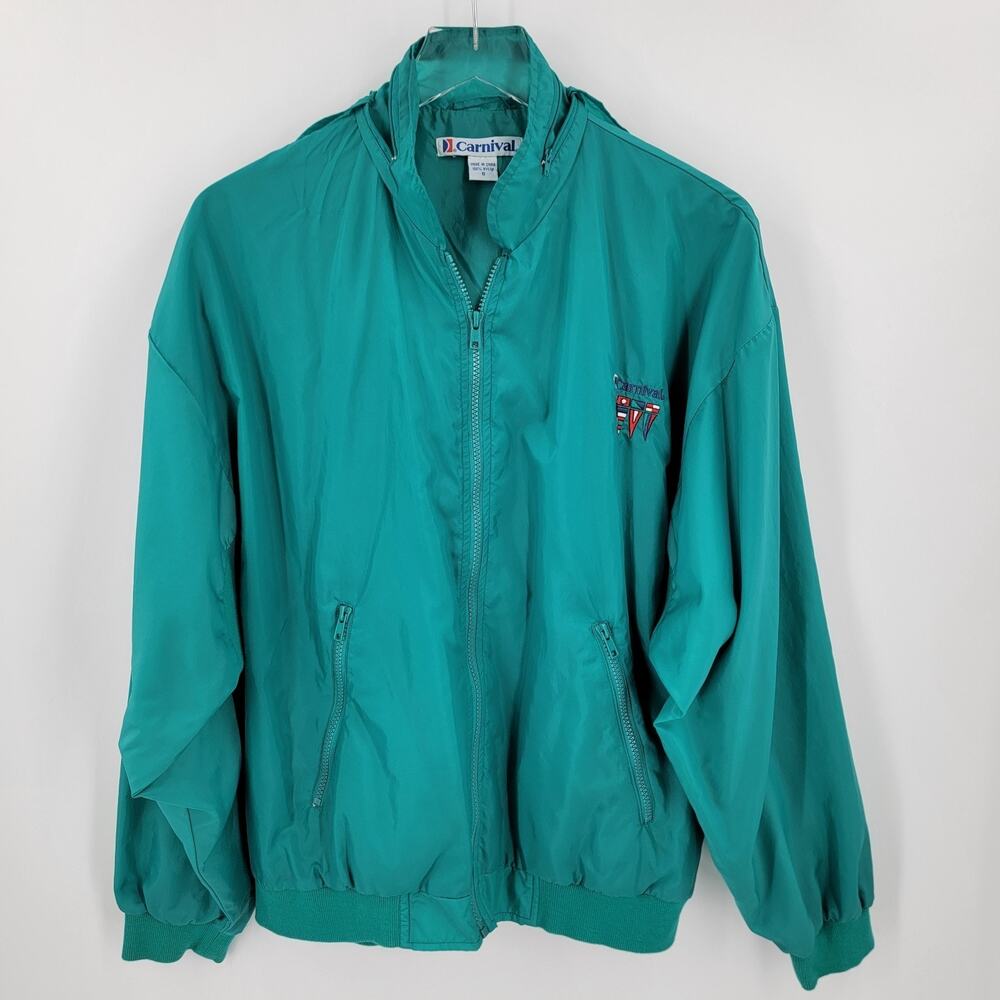 Carnival Cruise Line Windbreaker Mens Small Teal Nylon Hidden Hood Vintage